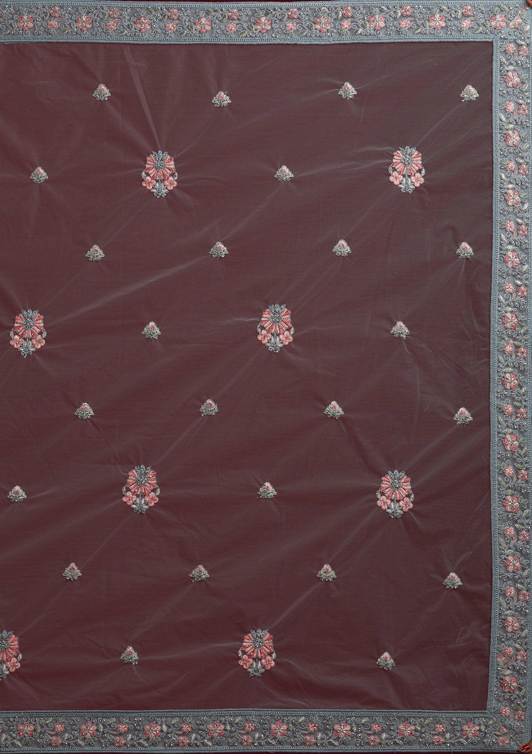 Light Grey Threadwork Net Designer Semi-Stitched Lehenga - koskii