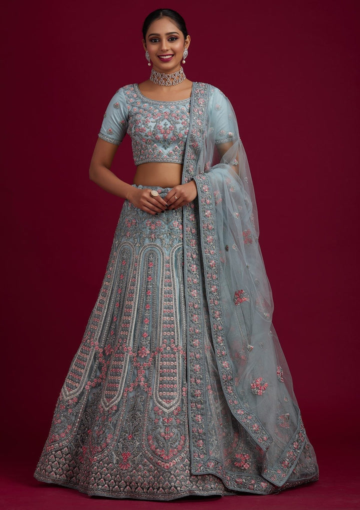 Light Grey Threadwork Net Designer Semi-Stitched Lehenga - koskii