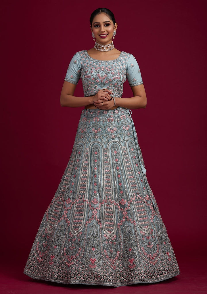 Light Grey Threadwork Net Designer Semi-Stitched Lehenga - koskii