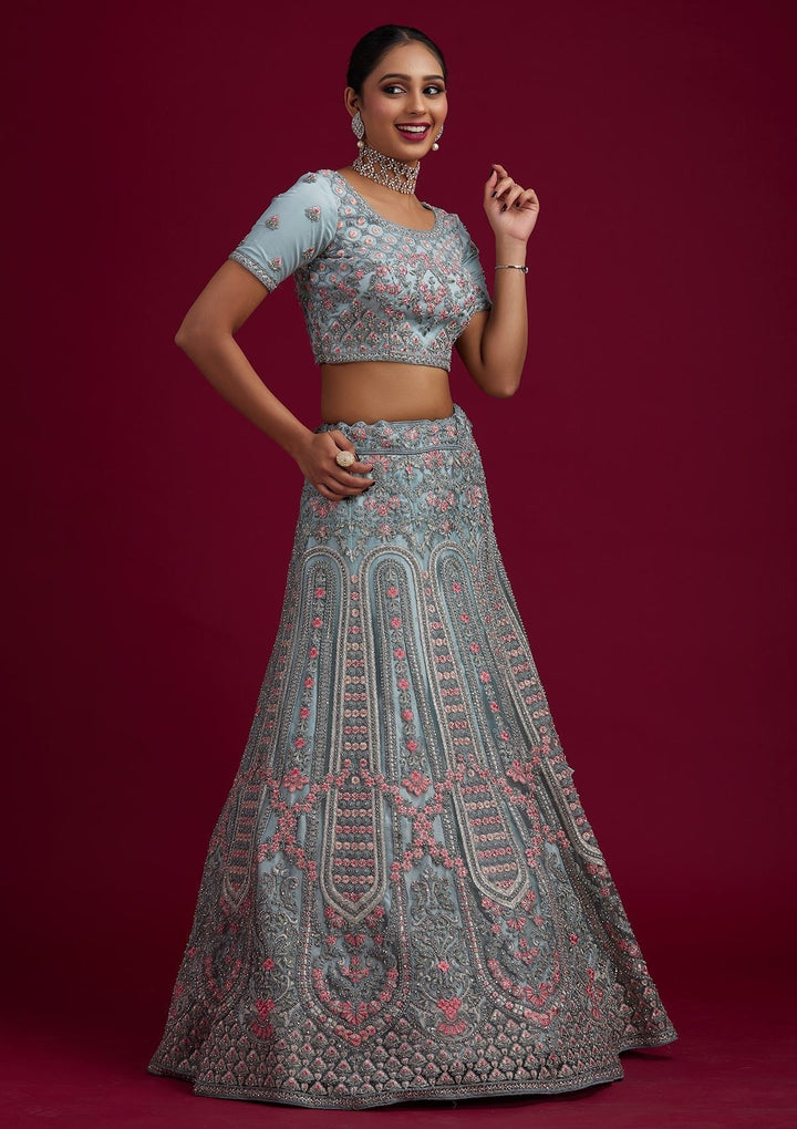 Light Grey Threadwork Net Designer Semi-Stitched Lehenga - koskii