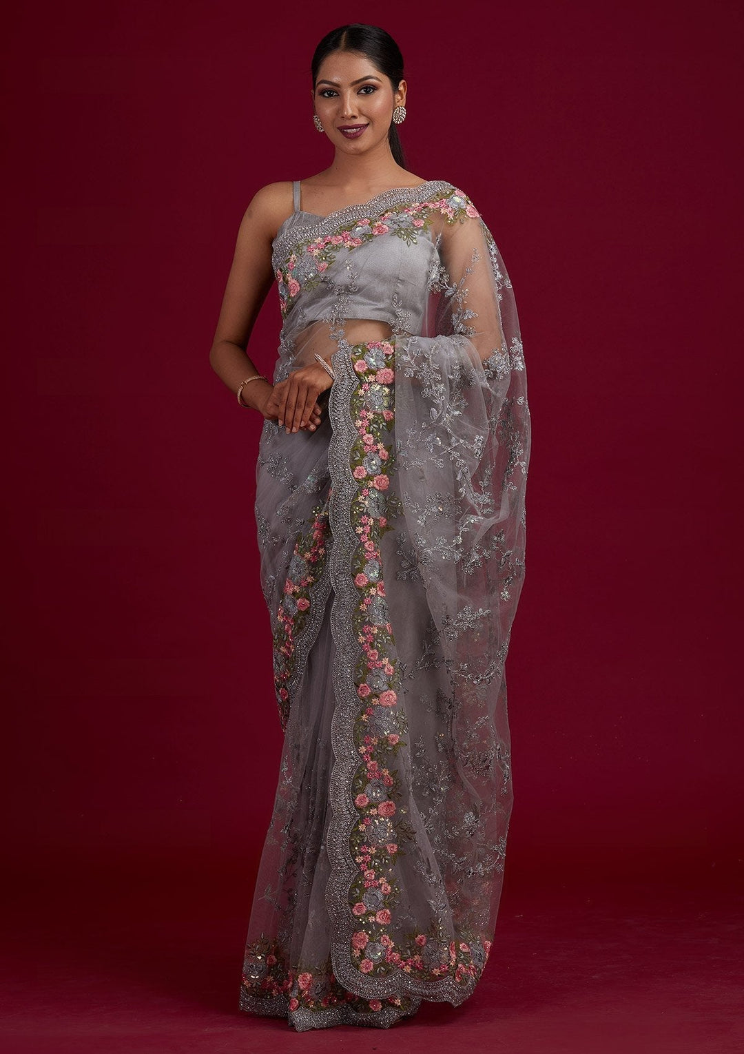 Light Grey Threadwork Net Designer Saree - Koskii