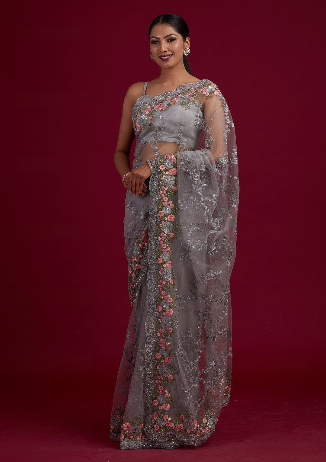 Light Grey Threadwork Net Designer Saree - Koskii