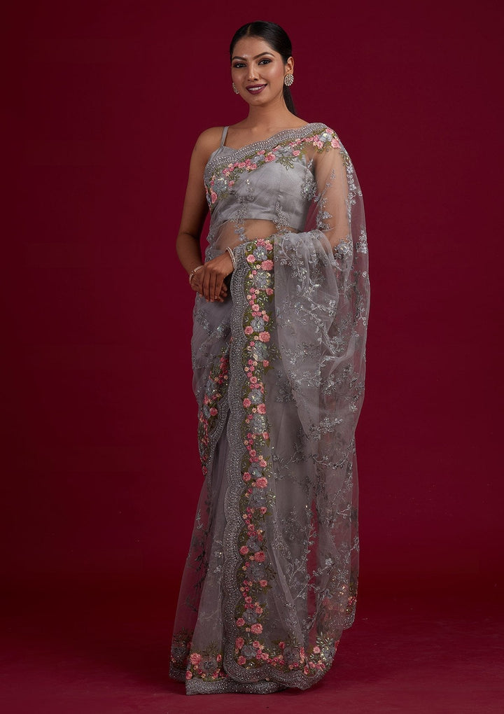 Light Grey Threadwork Net Designer Saree - Koskii