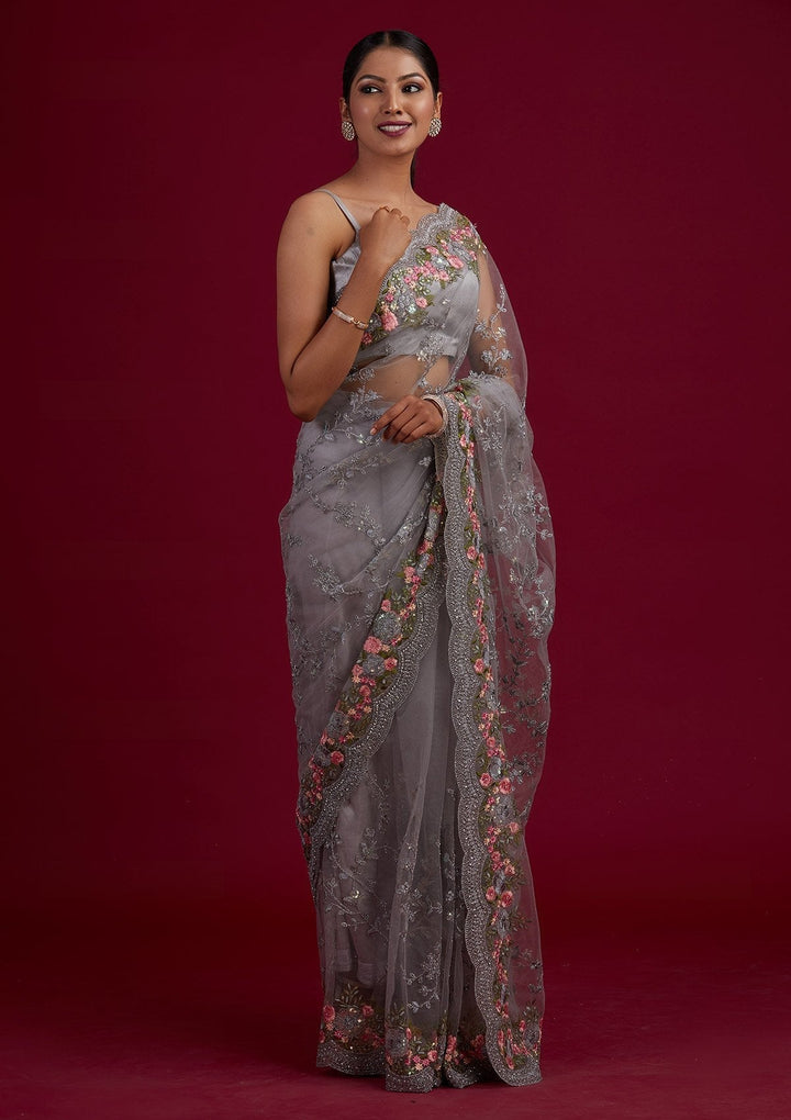 Light Grey Threadwork Net Designer Saree - Koskii