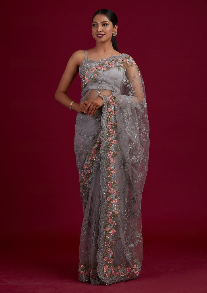 Light Grey Threadwork Net Designer Saree - Koskii