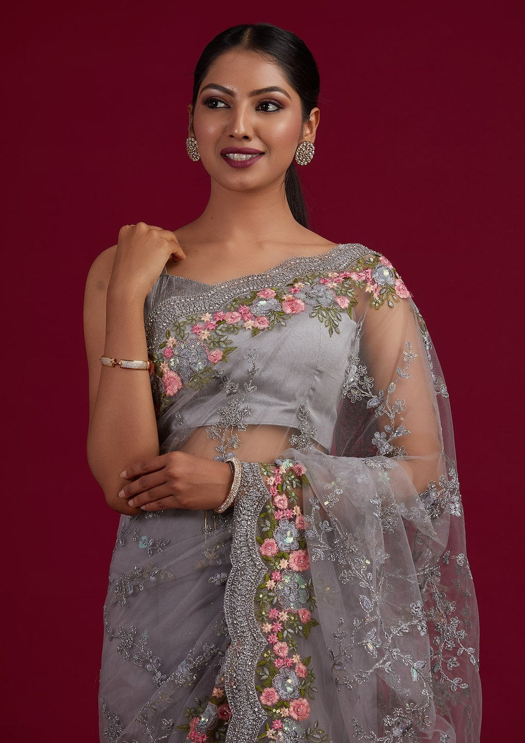 Light Grey Threadwork Net Designer Saree - Koskii