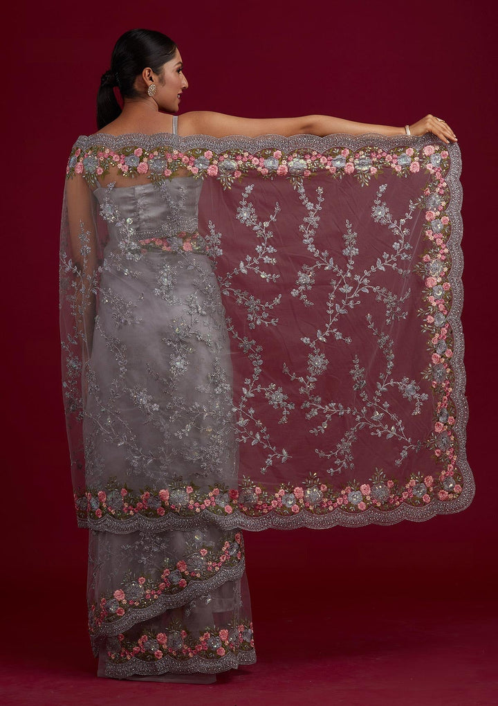 Light Grey Threadwork Net Designer Saree - Koskii