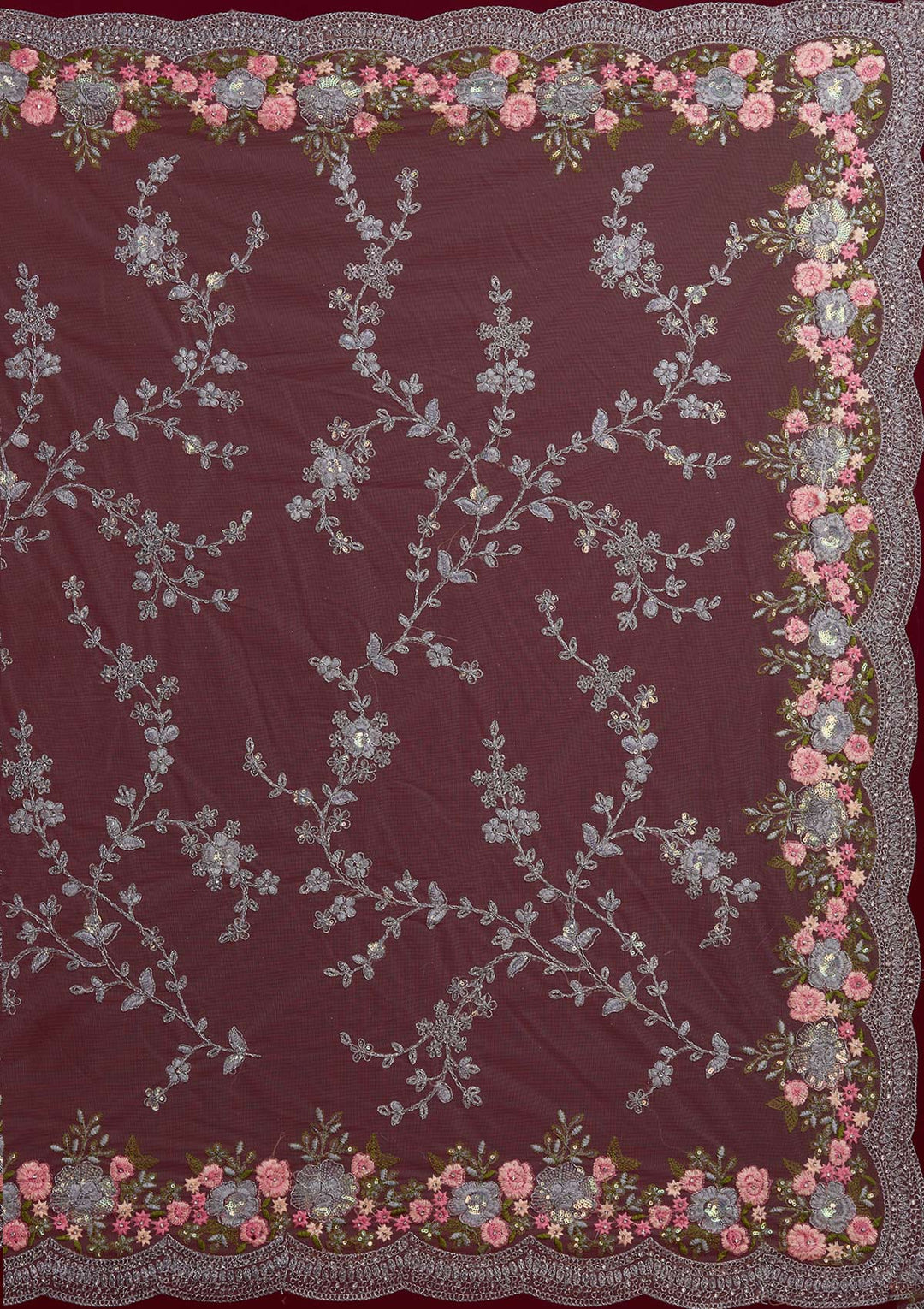 Light Grey Threadwork Net Designer Saree - Koskii