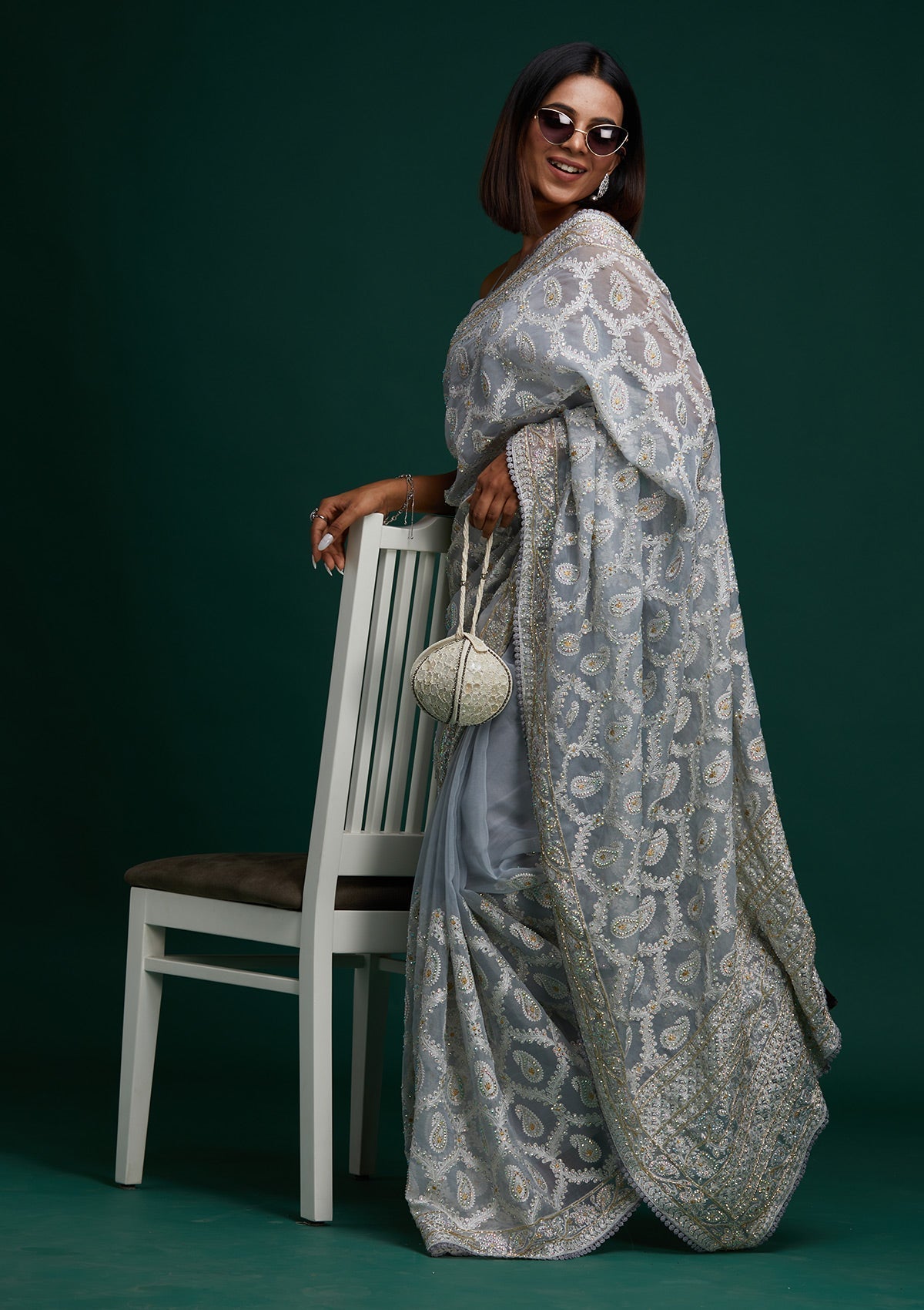 Light Grey Threadwork Net Saree- Koskii