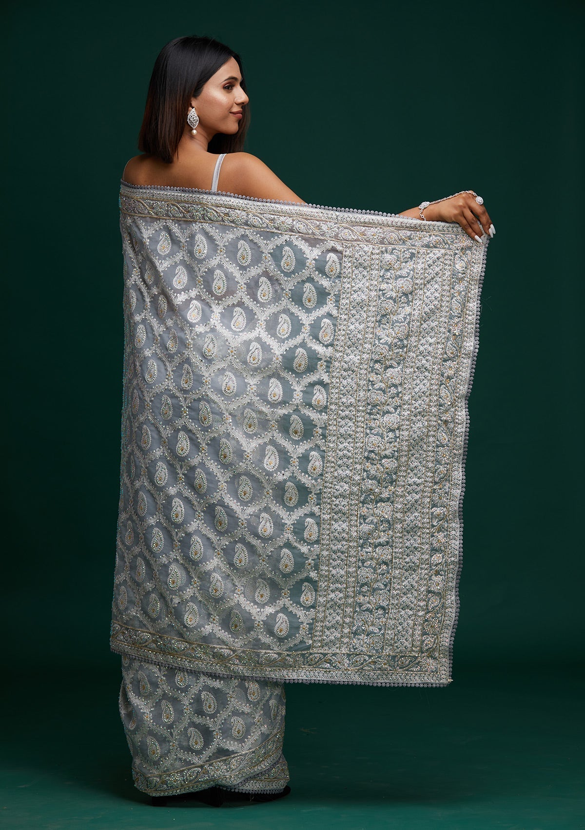 Light Grey Threadwork Net Saree - Koskii