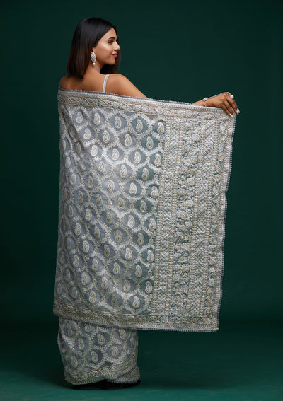 Light Grey Threadwork Net Saree - Koskii