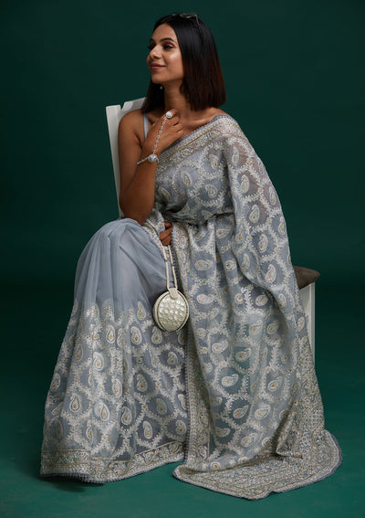 Light Grey Threadwork Net Saree - Koskii