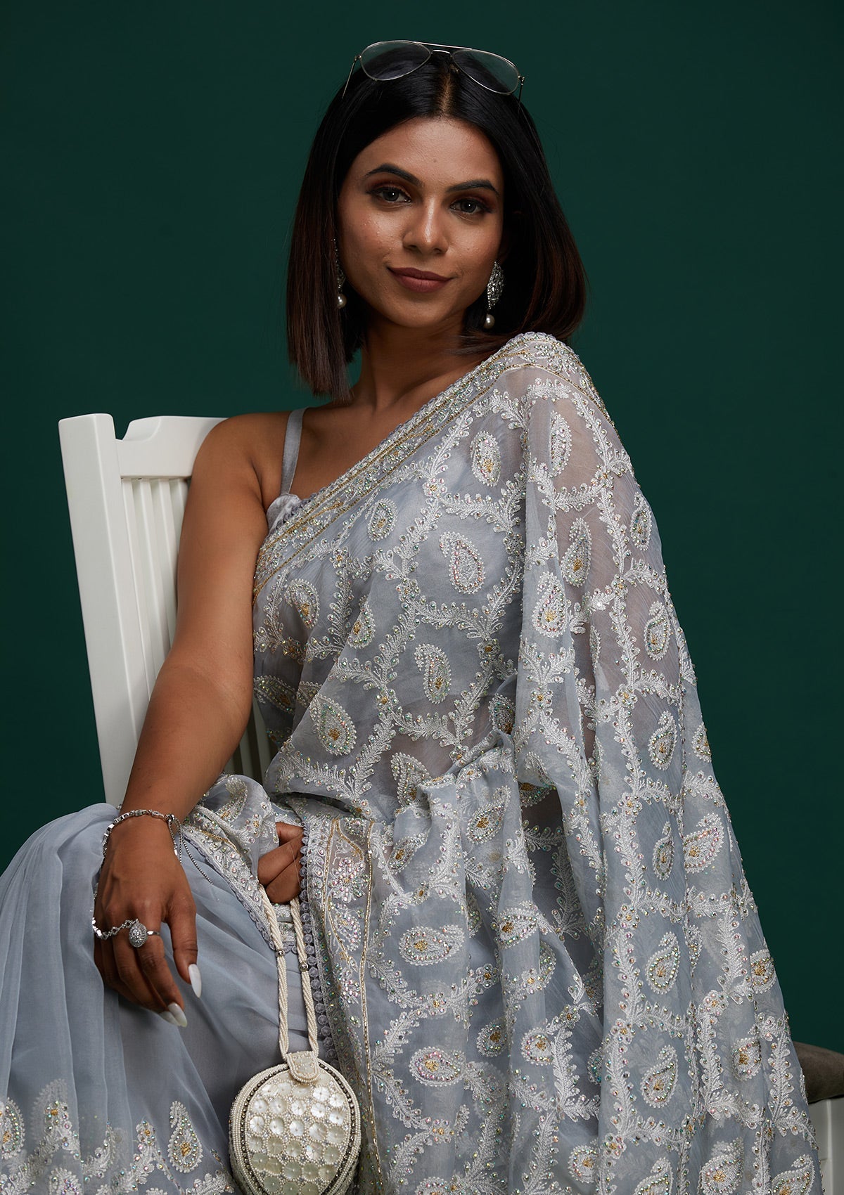 Light Grey Threadwork Net Saree - Koskii