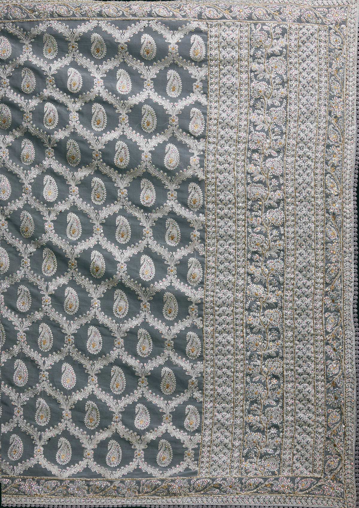 Light Grey Threadwork Net Saree - Koskii
