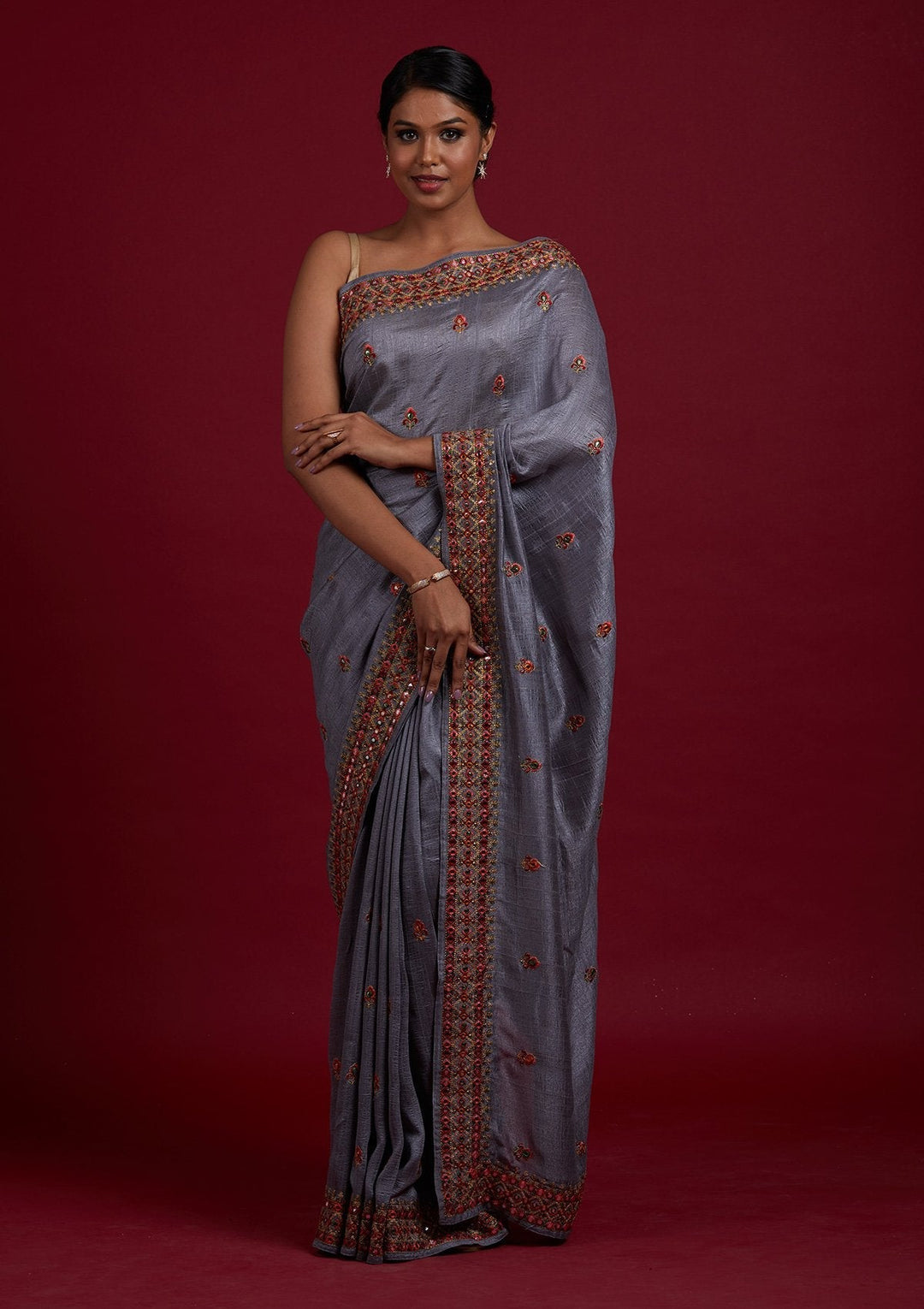 Light Grey Threadwork Raw Silk Designer Saree - Koskii