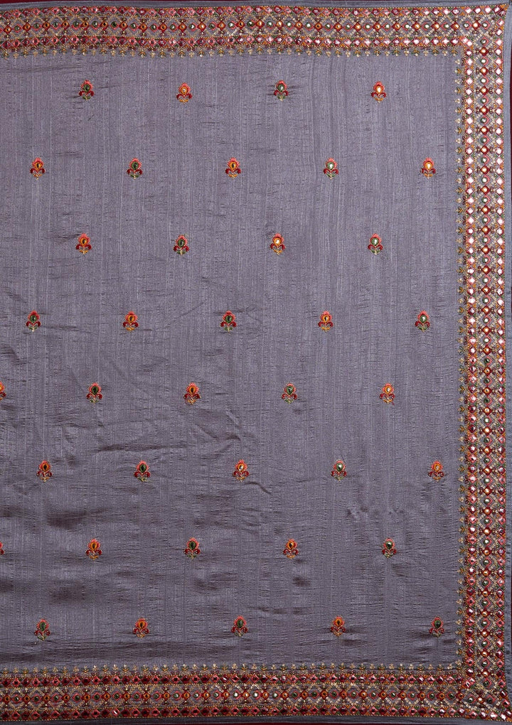 Light Grey Threadwork Raw Silk Designer Saree - Koskii