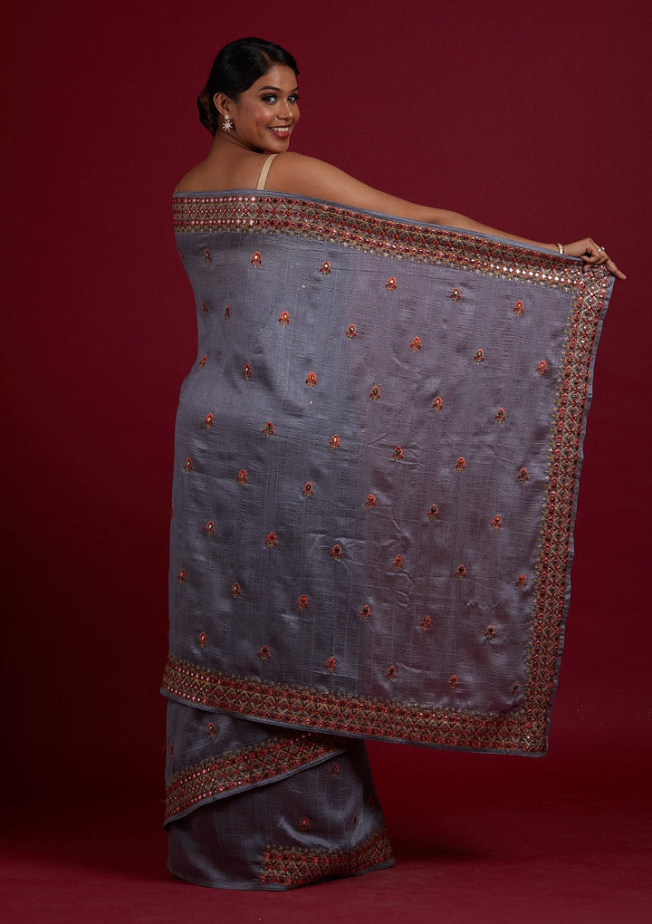 Light Grey Threadwork Raw Silk Designer Saree - Koskii