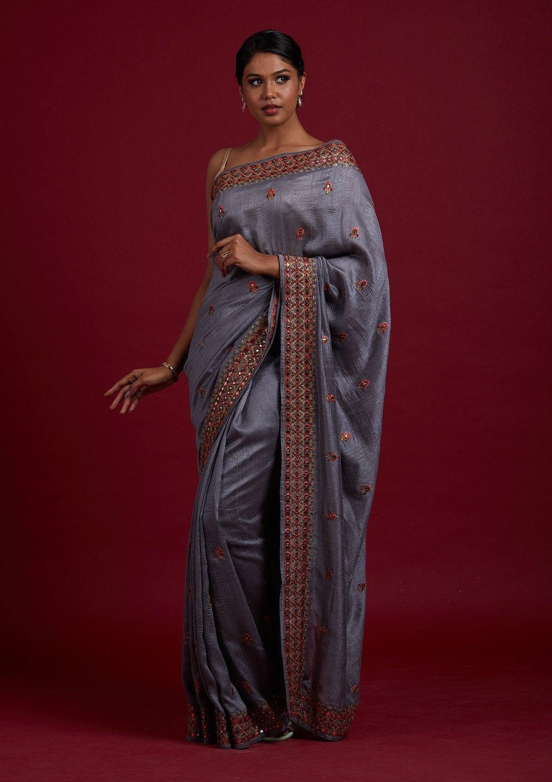 Light Grey Threadwork Raw Silk Designer Saree - Koskii