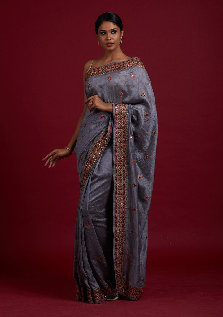Light Grey Threadwork Raw Silk Designer Saree - Koskii