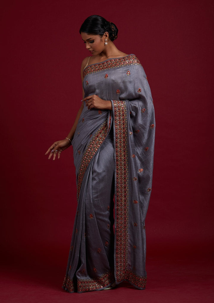 Light Grey Threadwork Raw Silk Designer Saree - Koskii
