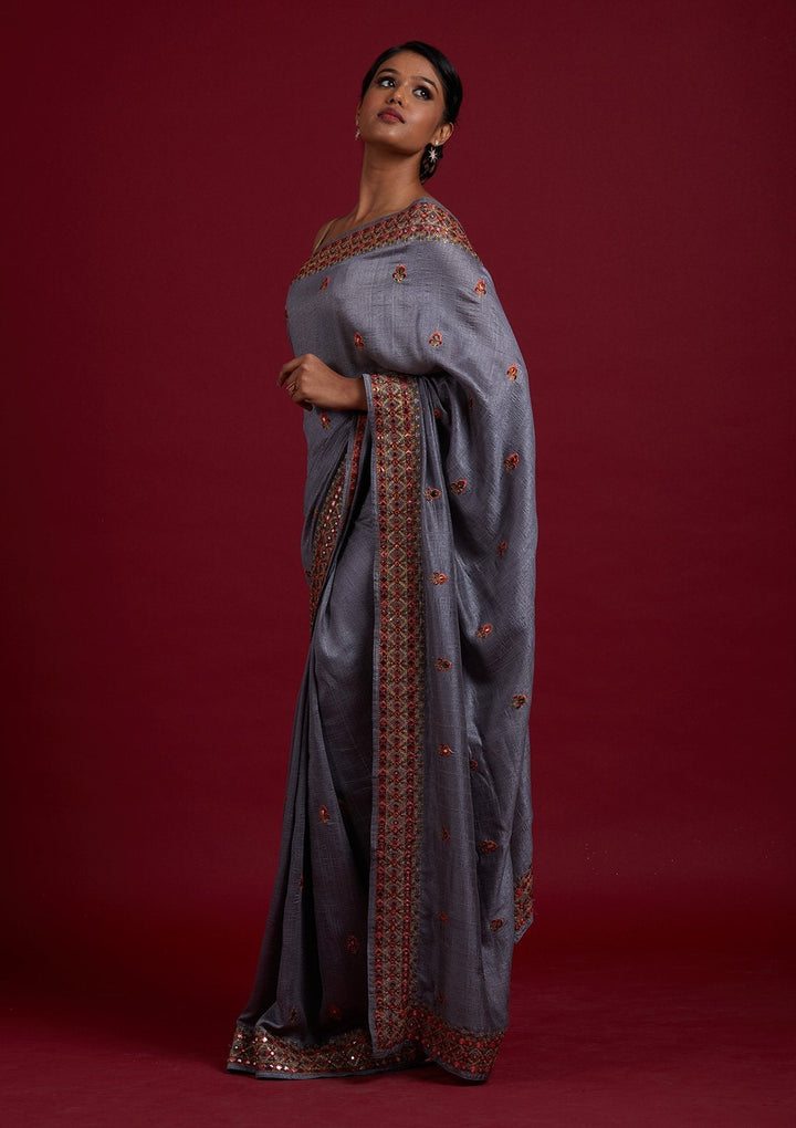 Light Grey Threadwork Raw Silk Designer Saree - Koskii