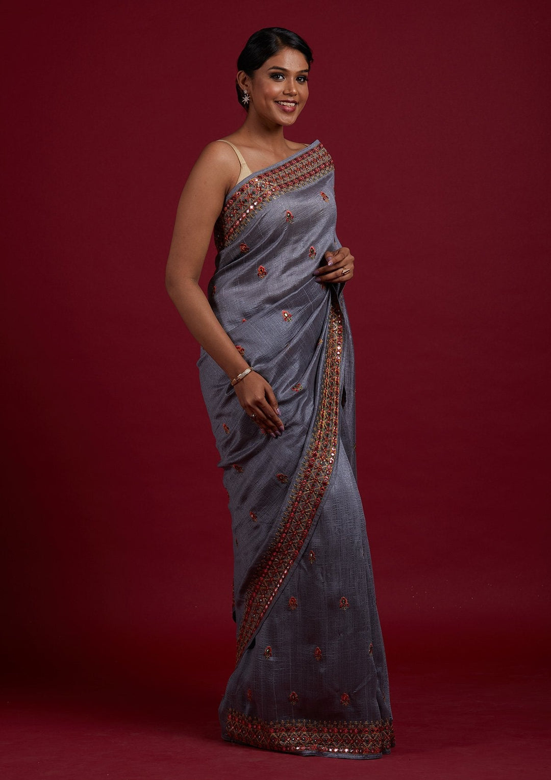 Light Grey Threadwork Raw Silk Designer Saree - Koskii