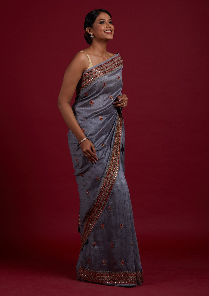 Light Grey Threadwork Raw Silk Designer Saree - Koskii