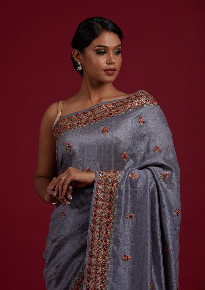Light Grey Threadwork Raw Silk Designer Saree - Koskii