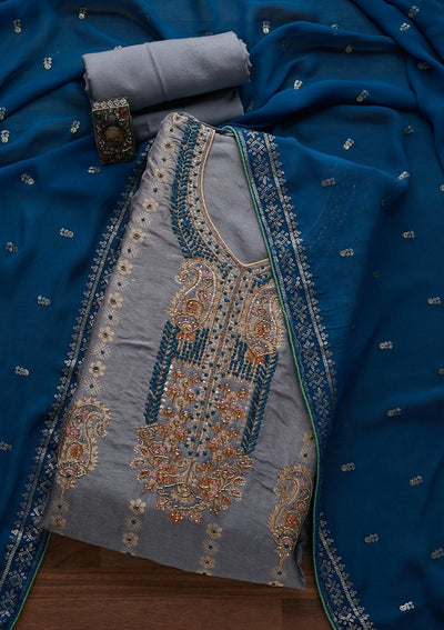 Light Grey Threadwork Semi Crepe Semi-Stitched Salwar Suit - Koskii