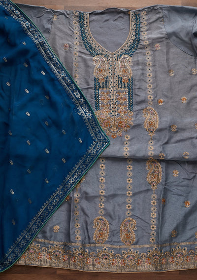 Light Grey Threadwork Semi Crepe Semi-Stitched Salwar Suit - Koskii