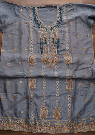 Light Grey Threadwork Semi Crepe Semi-Stitched Salwar Suit - Koskii