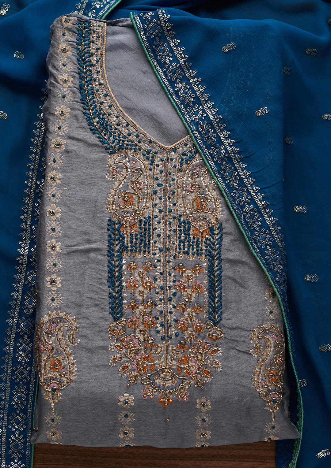 Light Grey Threadwork Semi Crepe Semi-Stitched Salwar Suit - Koskii