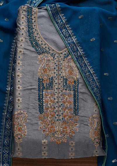 Light Grey Threadwork Semi Crepe Semi-Stitched Salwar Suit - Koskii
