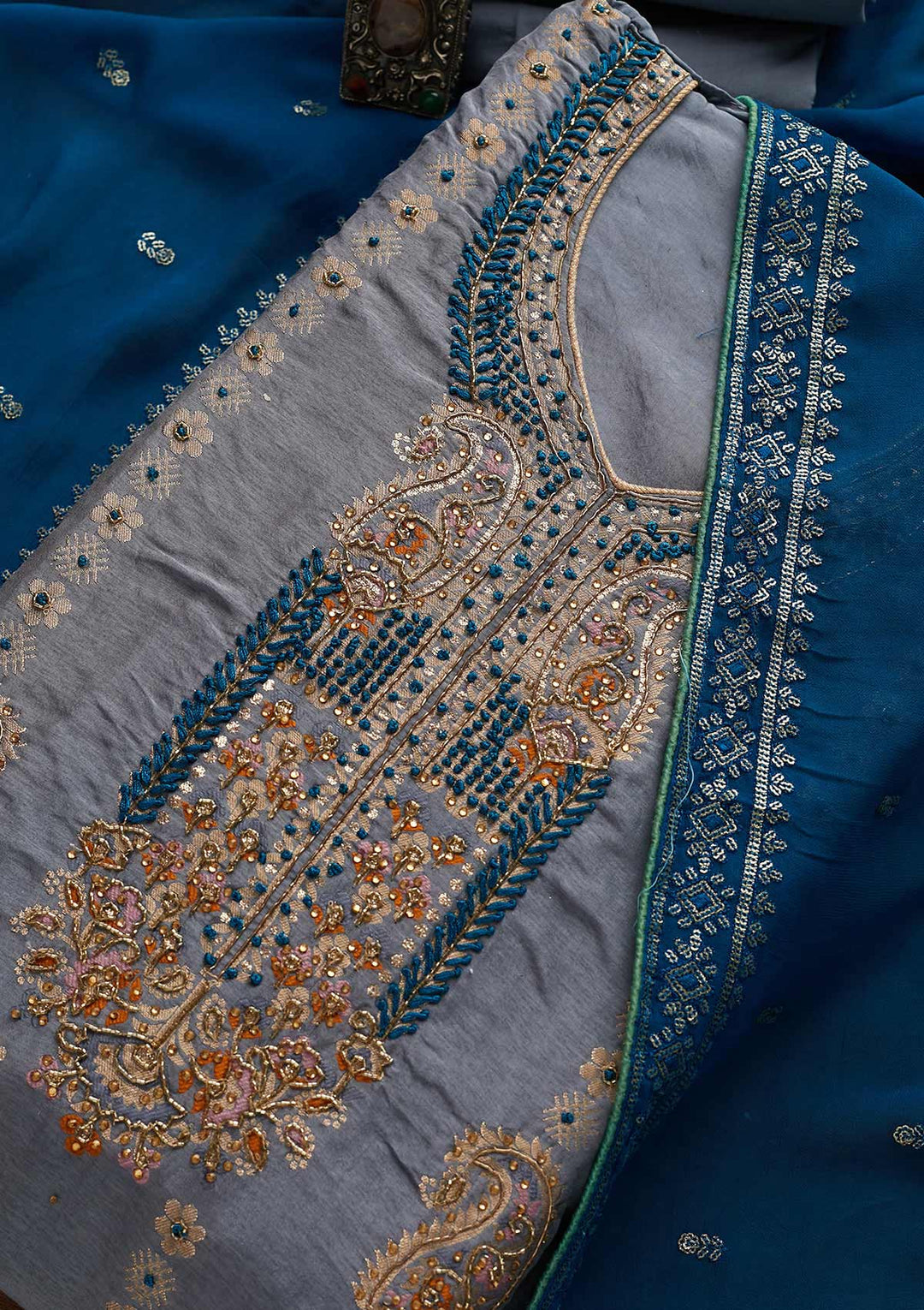 Light Grey Threadwork Semi Crepe Semi-Stitched Salwar Suit - Koskii