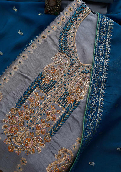 Light Grey Threadwork Semi Crepe Semi-Stitched Salwar Suit - Koskii
