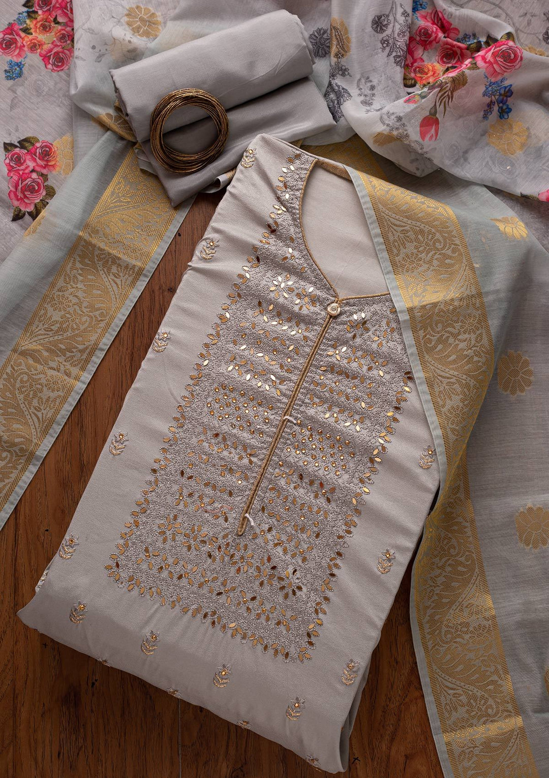 Light Grey Threadwork Semi Crepe Designer Unstitched Salwar Suit - koskii