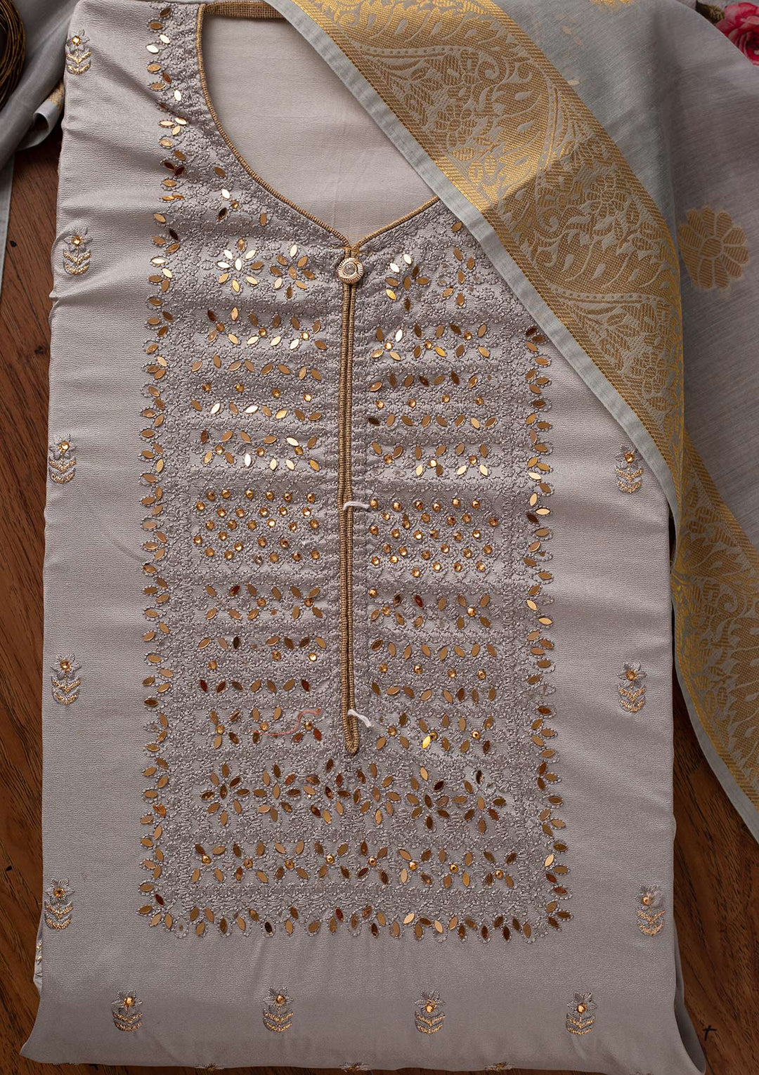 Light Grey Threadwork Semi Crepe Designer Unstitched Salwar Suit - koskii