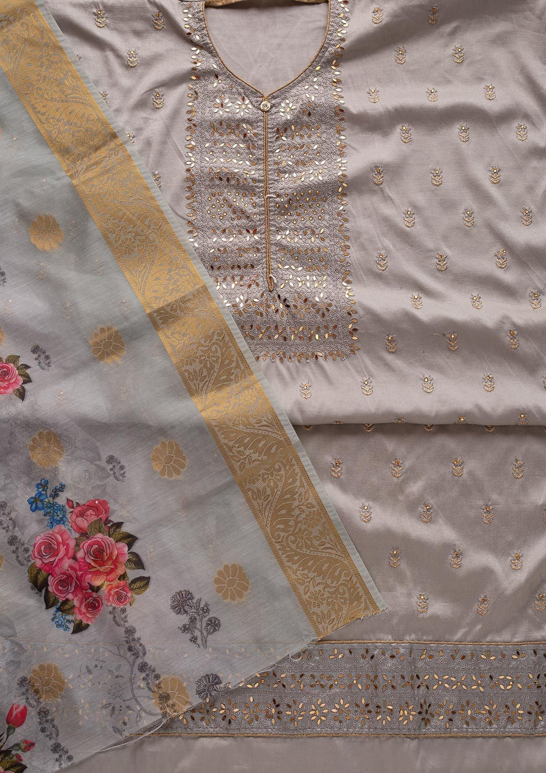 Light Grey Threadwork Semi Crepe Designer Unstitched Salwar Suit - koskii