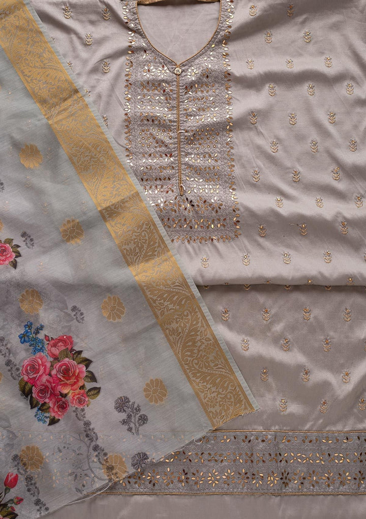 Light Grey Threadwork Semi Crepe Designer Unstitched Salwar Suit - koskii