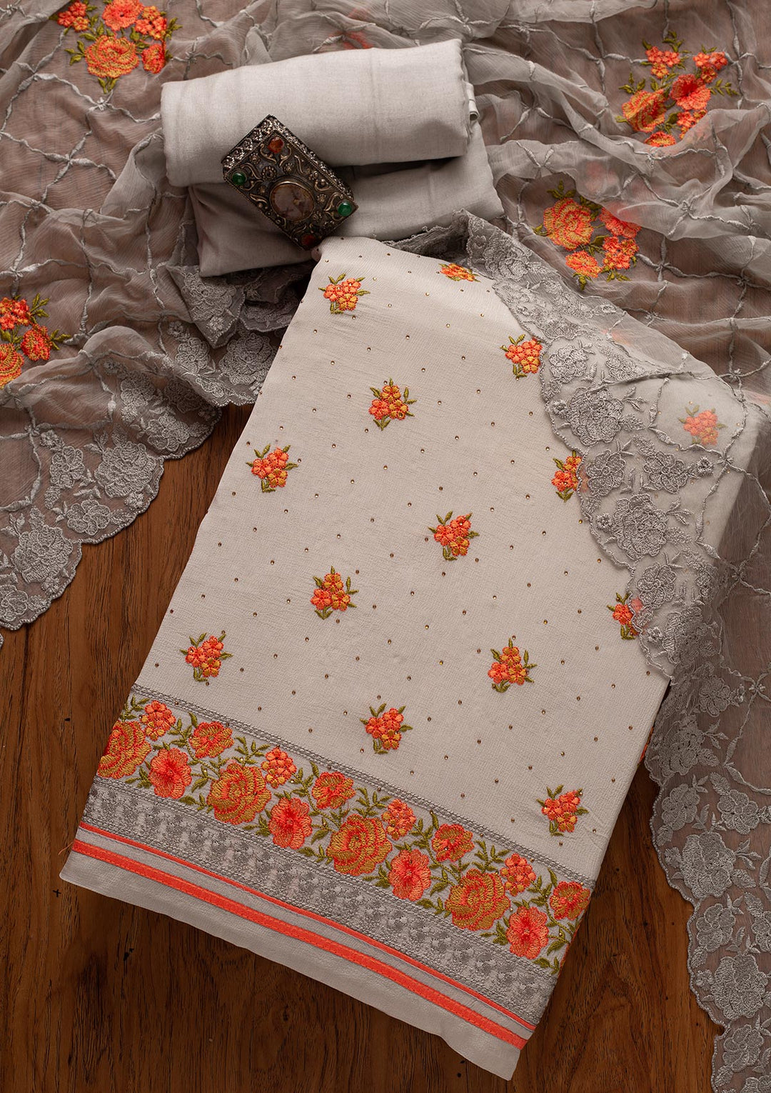 Light Grey Threadwork Semi Crepe Designer Unstitched Salwar Suit - koskii