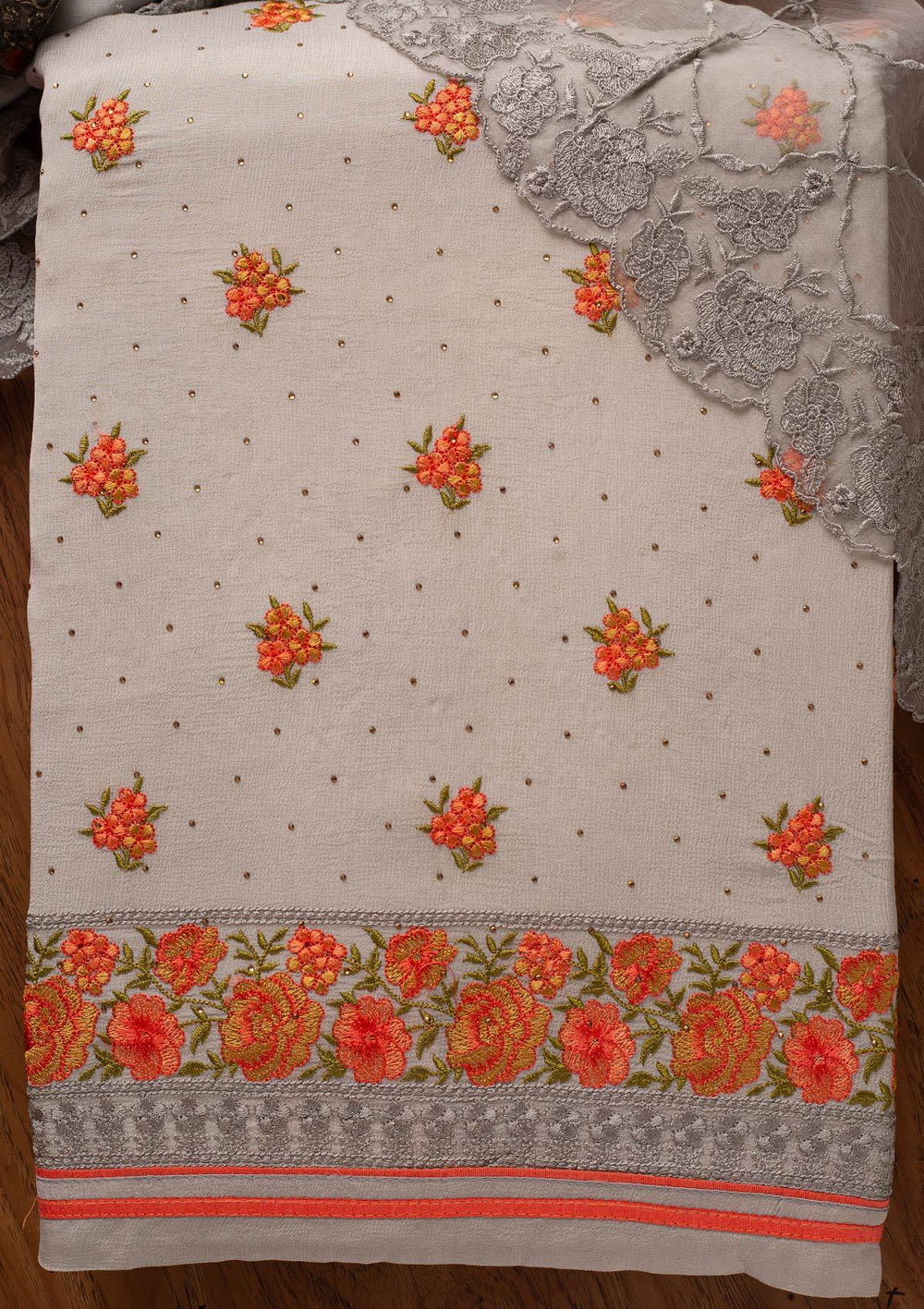 Light Grey Threadwork Semi Crepe Designer Unstitched Salwar Suit - koskii