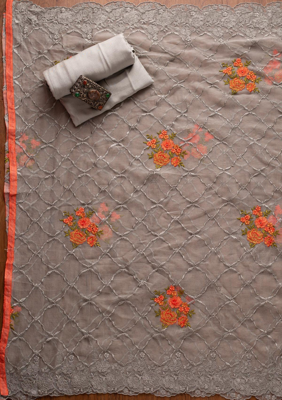 Light Grey Threadwork Semi Crepe Designer Unstitched Salwar Suit - koskii