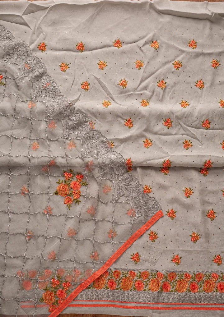 Light Grey Threadwork Semi Crepe Designer Unstitched Salwar Suit - koskii