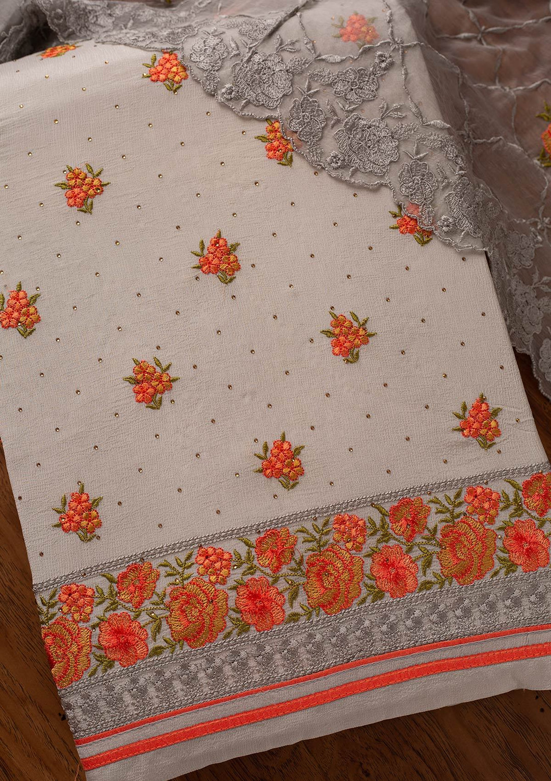 Light Grey Threadwork Semi Crepe Designer Unstitched Salwar Suit - koskii