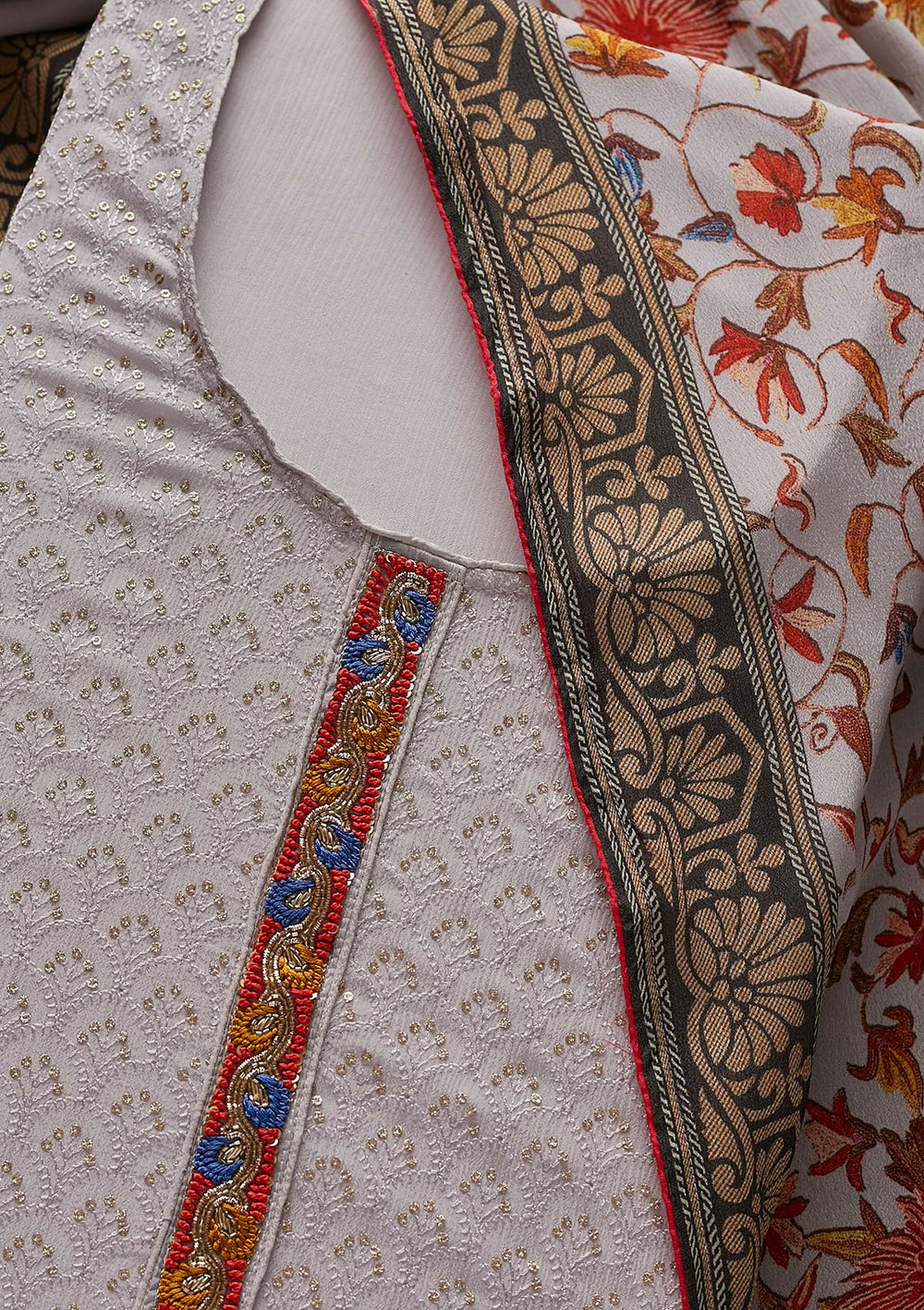 Light Grey Threadwork Semi Crepe Designer Unstitched Salwar Suit - Koskii