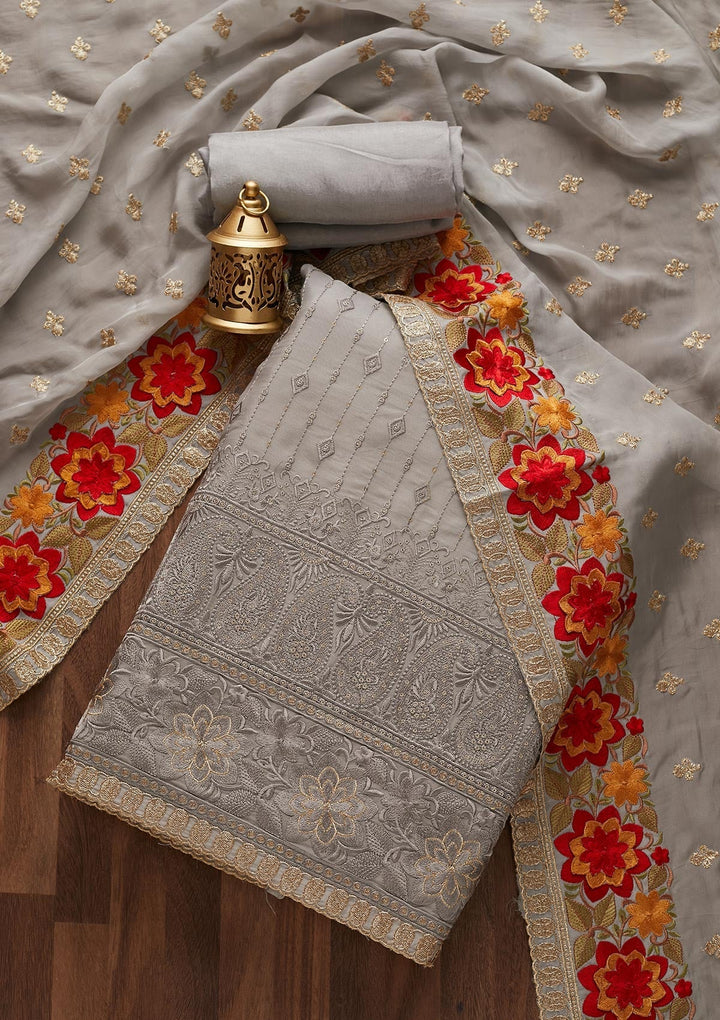 Light Grey Threadwork Semi Crepe Designer Unstitched Salwar Suit - Koskii