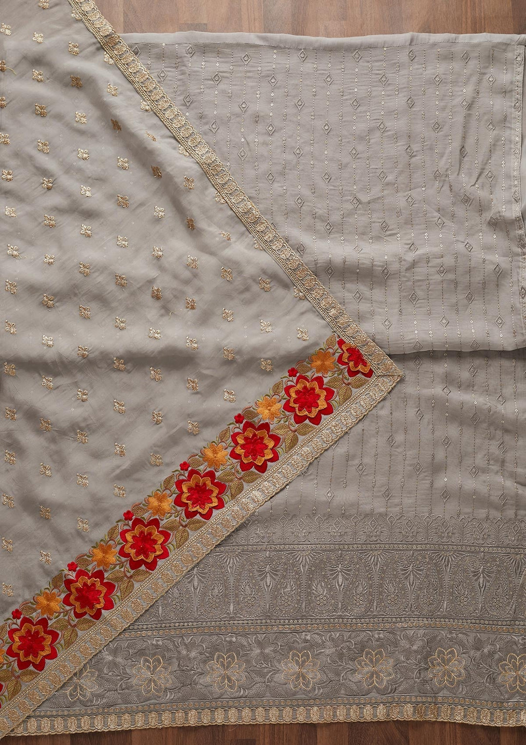 Light Grey Threadwork Semi Crepe Designer Unstitched Salwar Suit - Koskii