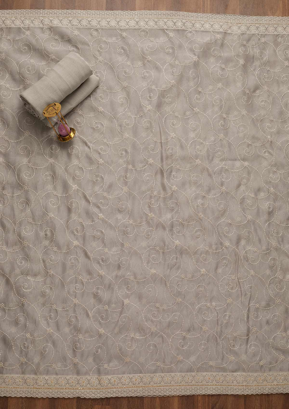 Light Grey Threadwork Tissue Unstitched Salwar Suit-Koskii