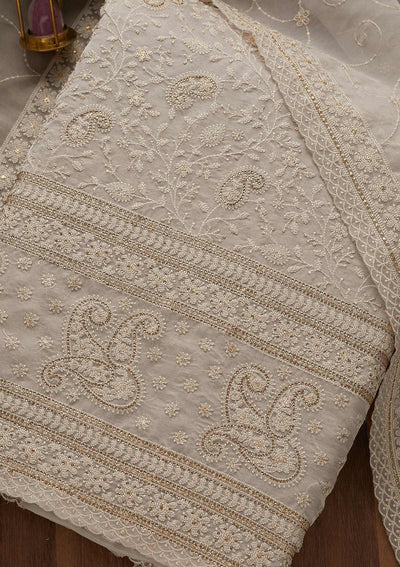 Light Grey Threadwork Tissue Unstitched Salwar Suit-Koskii