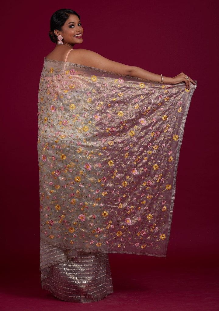 Light Grey Threadwork Tissue Designer Saree - Koskii